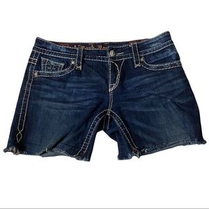Rock Revival Eva Dark Wash Whiskered Denim Distressed Raw Hem Jean Shorts 29